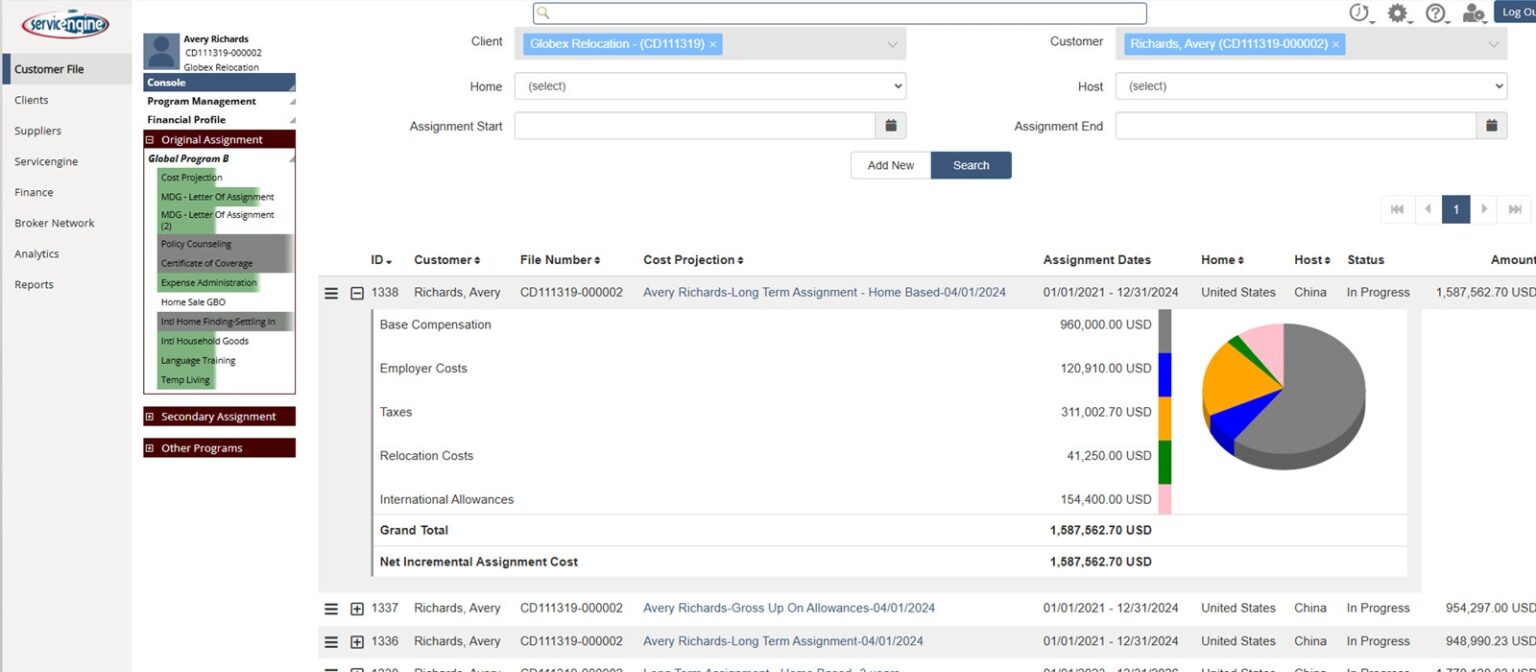 Servicengine relocation management software cost projection