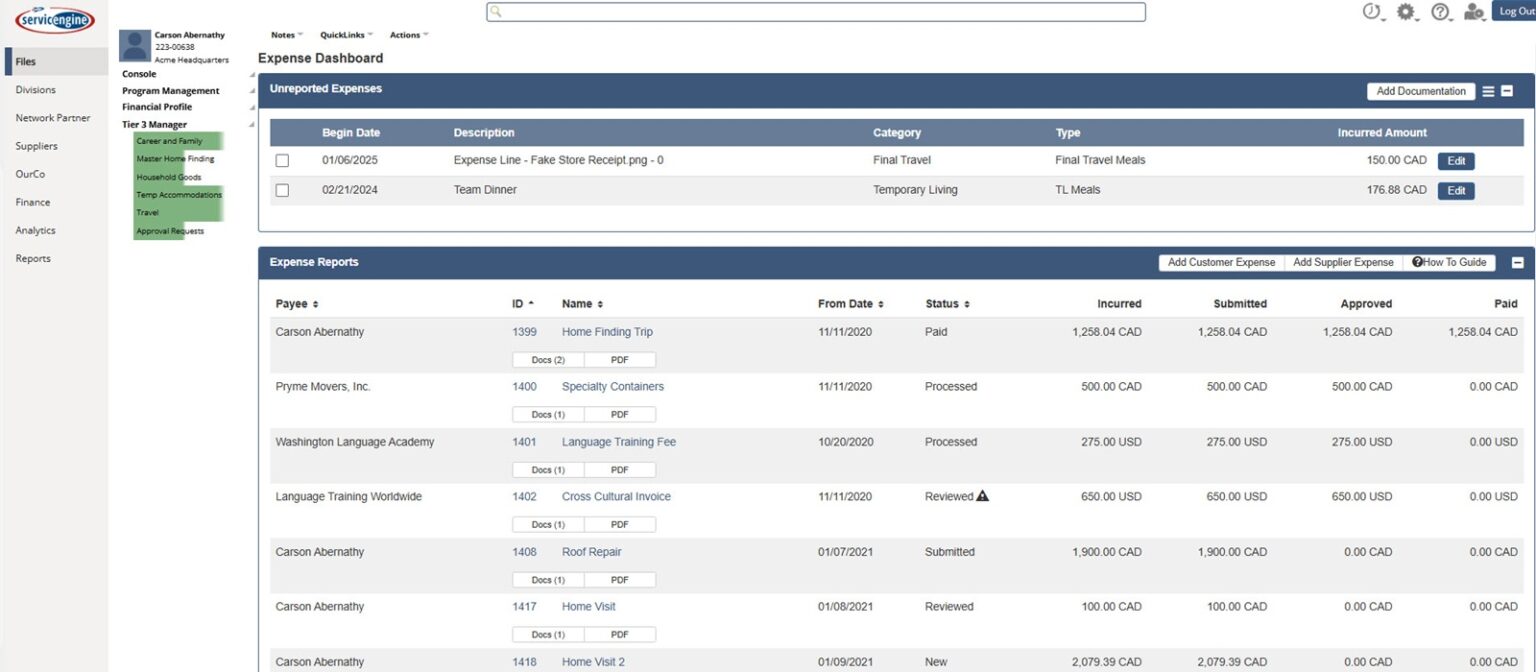 Servicengine relocation management software expense dashboard